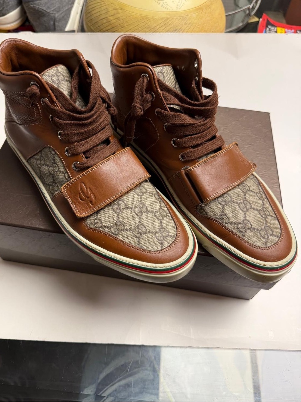 Gucci Brown Leather & GG Canvas High-Top Sneakers